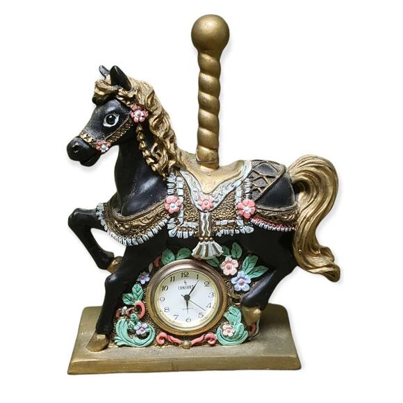Merry Go Round Golden Horse Carousel Vintage Clock Figurine Carnival Fair - Picture 1 of 6